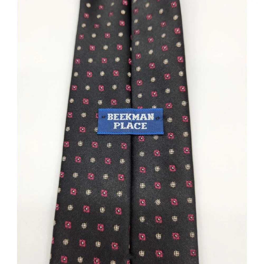 Vintage Men's Beekman Place Tie Necktie Black w/ Pink Yellow Polka Dot Polyester